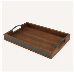 Bandeja de madera rústica al por mayor con asas metálicas resistentes, bandeja rectangular decorativa de madera para mesa de centro o otomana - Product Image 3