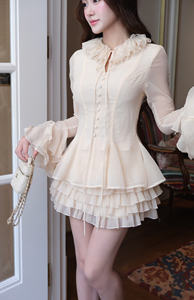 Coshe Mona Women's Elegant Casual Party <b>Dress</b> Ruffle Collar Long Sleeve Blouse Layered Mini Skirt Lace Beading Natural - Product Image 6