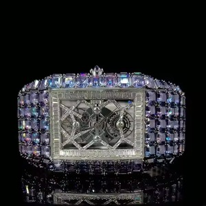 Montre unisexe de luxe tendance en alliage, chronographe automatique à quartz, sertie de diamants et de moissanite taille baguette de clarté VVS - Product Image 1