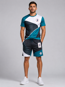 Men Summer <b>Set</b> Casual Two Piece Sportswear Short Sleeve Top And Elastic Waist Shorts Designed For Comfort Style And All Day - Product Image 1