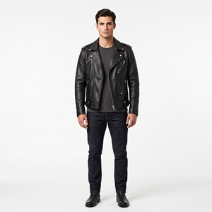 Dumela Men's Black Genuine Leather Canvas Motorcycle Jacket <b>Slim</b> Fit Stand Collar Zipper Closure <b>Belted</b> Design Solid Color - Product Image 5