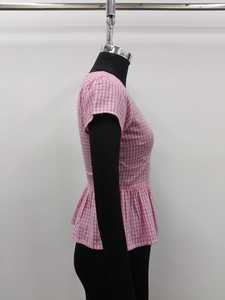 Top Peplum Rosa a Cuadros de Manga Corta con Cuello en V y Bordado, Transpirable, 100% Algodón, Cintura Natural, Casual Diario, Primavera/Verano - Product Image 3