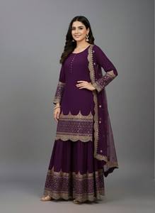 Traje Sharara de Diseñador en Georgette Sintética Pesada con Bordados y Dupatta de Red para Fiestas y Eventos - Product Image 3