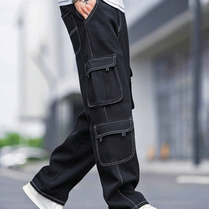 กางเกงยีนส์ทรงสแต็คแบบยูนิเซ็กส์สำหรับผู้ชาย สีดำ แต่งตะเข็บสีขาว หลายกระเป๋า ทรงหลวม สไตล์สตรีทแวร์ ขากว้าง - Product Image 5