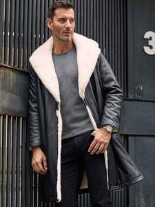 Veste longue en cuir noir pour homme avec doublure en fausse fourrure, col rabattable, coupe-vent, manteau d'hiver, style décontracté, coupe régulière - Product Image 5