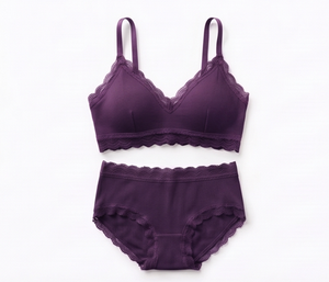 Women's Purple Wire-Free Bra And Hipster <b>Panty</b> Set With Lace Trim Mid-Rise Knitted Spandex Underwear - Product Image 1