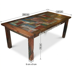 Mesa de comedor DIVADI estilo Java, patchwork, desmontable, de madera recuperada de embarcaciones, diseño sostenible, ecológico, para interiores y exteriores. - Product Image 1