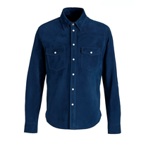 Chemise en cuir noir pour homme, manches longues, style workwear vintage, col montant, couleur unie, décontractée, boutons en corne, pour l'hiver