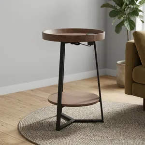 <b>Modern</b> Round Wood Side Table with Metal Legs and Storage <b>Shelf</b> Living Room Furniture with charging socket - Product Image 6