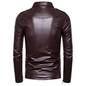 เสื้อแจ็คเก็ตหนัง PU ทรงสลิมฟิตสำหรับผู้ชาย ปกคอพับ ปิดด้วยซิป สีพื้น แขนเสื้อแบบปกติ - Product Image 6