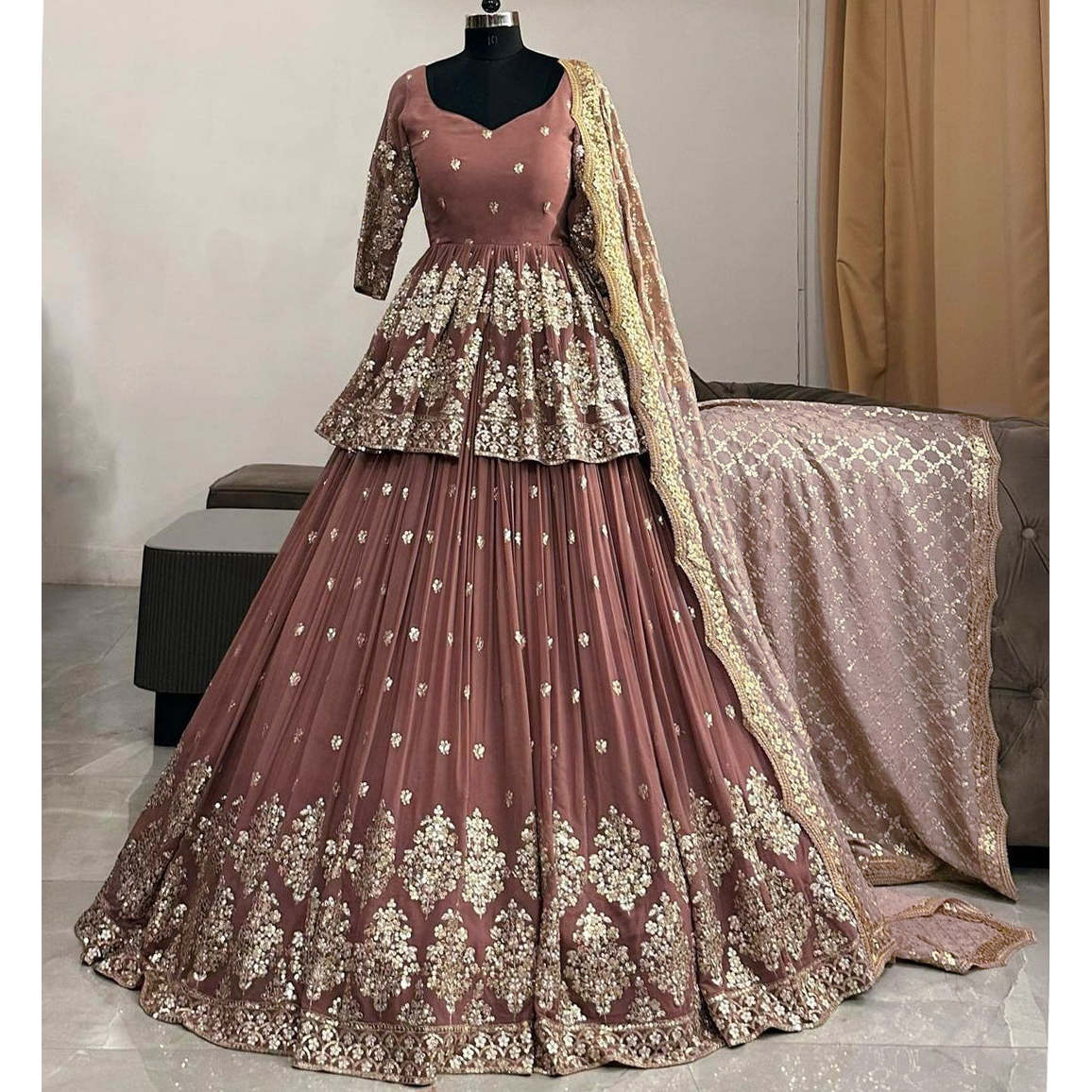 Women's Brown Size M Beautiful Party Wear Sets Top Lehenga and Dupatta by Zeel Fashion by FABZONE