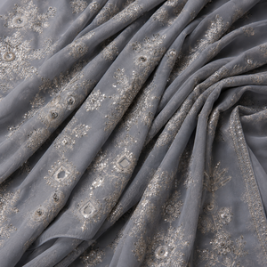 Grey Embroidered Organza Sari <b>Fabric</b> With <b>Sequin</b> Details For Women Party Wear Designer Garments Bridal Wear - Product Image 3
