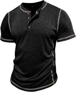 Camiseta Henley para Hombre, Manga Corta, Corte Ajustado, Cuello en V, Ribete en Contraste, Informal, Tejida, 100% Algodón, Color Sólido, Uso Diario - Product Image 2