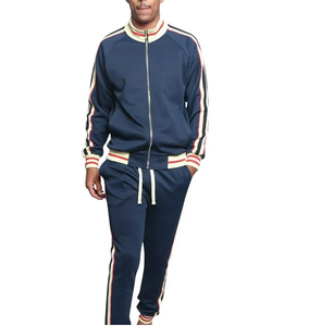 Ensemble de survêtement sportif personnalisé à fermeture éclair sur le devant, poches latérales, respirant, coupe régulière, design rayé, dernière tendance - Product Image 1