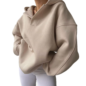 Sweat-shirt à capuche oversize pour femme, couleur unie, épaules tombantes, manches longues, tricot en coton, vêtements d'automne - Product Image 1