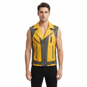 Gilet de motard en cuir véritable pour homme, coupe-vent, uni, avec design bicolore, protections en polyester et logo personnalisé - Hashbloom International - Product Image 1