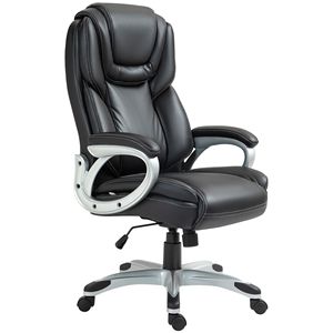 Sedia da Ufficio Direzionale in Pelle con Schienale Alto, Certificata BIFMA, Ruote Girevoli in Nylon, Cuscino, Altezza Regolabile per il Massimo Comfort, Nera - Product Image 1