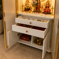 Mandir de prière en bois moderne fait main avec tiroirs de rangement, éclairage LED, finitions dorées, portes vitrées – Armoire de temple hindou pour Diwali