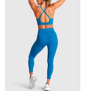 Conjunto de Yoga para Mujer, Azul Sólido, Leggings sin Costuras de Cintura Alta, Top Corto Deportivo, 2 Piezas, Ropa Deportiva, Spandex y Poliéster - Product Image 3