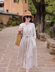 Vestido Maxi de Lino con Cuello en V Estilo Boho para Mujer, con Botones al Frente, Cintura Elástica, Corte Holgado, Manga Larga, Vestido Casual de Verano - Product Image 1