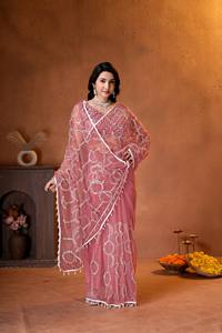 Sari de lujo rosa cebolla con red, bordado pesado de lentejuelas plateadas, diseño Bollywood, para fiestas de boda de verano indias, elástico - Product Image 3