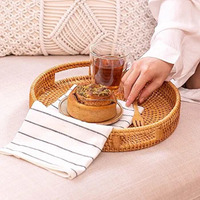 Plateau de service tendance en rotin tressé fait main, personnalisable, écologique, durable, style bohème, pour salle de bain, salon, restaurant