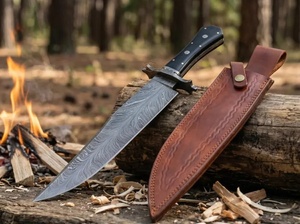 Couteau Bowie artisanal en acier Damas avec manche en bois noir, lame fixe, étui en cuir, couteaux de chasse par A&M EnterPrises - Product Image 3