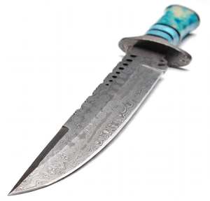 Couteau utilitaire ergonomique à double protection, en acier damas goutte de pluie, fait main, avec manche en résine turquoise et os. - Product Image 2