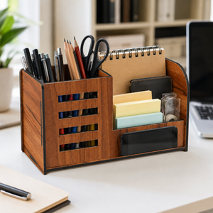 Organisateur de bureau moderne en bois avec support pour stylos et support pour téléphone portable, boîte de rangement multifonctionnelle pour bureau, table d'étude et bureaux à domicile ! - Product Image 2