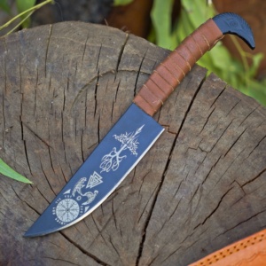 มีดล่าสัตว์สไตล์ไวกิ้ง ใบมีดเหล็กคาร์บอน ด้ามหุ้มหนัง มีดสำหรับกิจกรรมกลางแจ้ง OEM คมกริบ แกะสลักตามสั่ง ใบมีดแบบตายตัว - Product Image 2