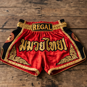 Pantalones Cortos de Muay Thai Regal Three, Camuflaje con Detalles Dorados, Impresión por Sublimación, 100% Poliéster, Ropa de Artes Marciales - Product Image 6