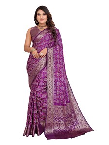 Sari en satin de soie doux à imprimé traditionnel Bandhej avec bordure tissée Kanchi Zari pour mariage, Diwali et fête - Product Image 5