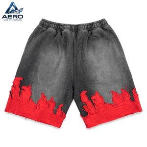 Custom Vintage Wash <b>Men's</b> <b>Shorts</b> <b>Red</b> Flame Patchwork Streetwear High Quality Acid Wash Fleece Cotton Heavyweight Gym <b>Shorts</b> - Product Image 1