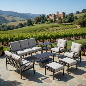 Set di Mobili da Giardino in Metallo per Tutte le Stagioni, 8 Pezzi, Divano Conversazione 9 Posti, Cuscini Grigi Spessi 4 Pollici, Telaio Nero, Colore Caffè - Product Image 1
