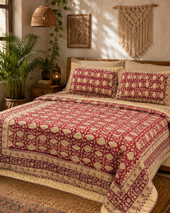 Red Floral Hand Block Printed Eco-Friendly 300tc Classic <b>Comforter</b> King Size Cotton Quilt Reversible Bedding Intricate Endless - Product Image 1