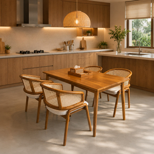 Ensemble de salle à manger rectangulaire en teck massif Canggu, style Mid-Century Modern, avec dossier en échelle, confort premium, pour projets hôteliers et de complexes hôteliers - Product Image 3