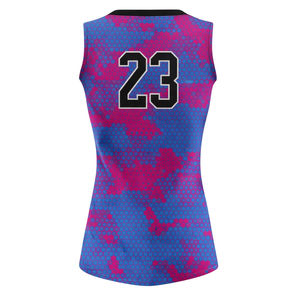 Camiseta de Softbol sin Mangas con Sublimación Total, Patrón Hexagonal Rosa y Azul, Cuello en V, Uniforme Personalizado para Equipo con Número en la Espalda - Product Image 3