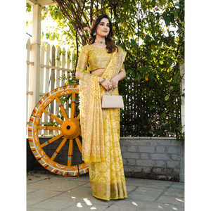 Sari Patola de Organza Amarillo con Bordado Zari, Elegantes Vestidos de Dama de Honor - Product Image 6