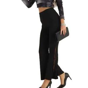 Pantalon femme vintage d'été en toile crochetée, taille haute élastique, coupe droite, ODM - Product Image 1