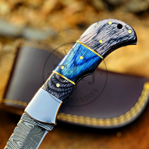 Couteau de poche pliant en acier Damas, vente en gros, manche personnalisé, étui en cuir, gravure de logo OEM disponible, très tranchant - Product Image 5