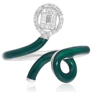 Luxury Women Cocktail <b>Ring</b> 925 <b>Silver</b> Rhodium Plated <b>Emerald</b> Green Enamel Baguette Diamond Engagement <b>Ring</b> - Product Image 2