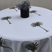 Nappe ronde 4 places en lin 150 cm motif palmier méditerranéen, lavable, faite main, pour la maison - Vente chaude