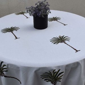 Nappe ronde 4 places en lin 150 cm motif palmier méditerranéen, lavable, faite main, pour la maison - Vente chaude - Product Image 6