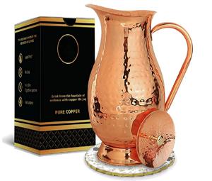 Pichet à eau en cuivre pur 70 onces, fait main, martelé, grande carafe, bienfaits ayurvédiques, style vintage pour la maison et les cadeaux - Product Image 1