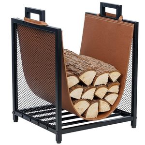 Modern Steel Log Holder with Brown Leather Accents Rectangle <b>Firewood</b> Storage <b>Rack</b> Powder Coated Finish - Product Image 1