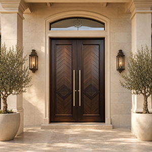 Puerta Doble de Entrada de Madera Sólida Contemporánea Golden Aero con Patrón Chevron y Manijas Doradas, Puerta Exterior Abatible para Apartamento o Villa - Product Image 2