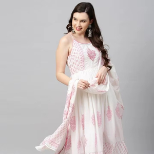 Conjunto Anarkali Estampado Rosa Mulmul de Buena Calidad con Pantalón y Dupatta para Mujer, Producto de Fábrica con Tela de la Mejor Calidad a Precio de Mayoreo - Product Image 1