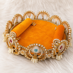 Asiento de Pooja Tradicional Hecho a Mano de Terciopelo Naranja con Perlas Doradas para Dioses Singhasan Laddu Gopal Ji Ganesh Ji - Product Image 4