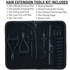 Hair Extension Tools Kit Rexine <b>Case</b> Parting Finger Sectioning Clips Tail Comb Scissor <b>Needle</b> Loop Wire Hook Plier Set Salon - Product Image 2