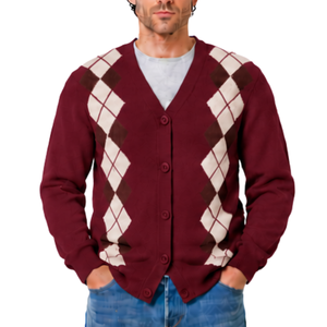 <b>Men</b> Autumn Burgundy Argyle V Neck <b>Cardigan</b> Knitted <b>Sweater</b> Diamond Pattern Button Front Long Sleeve XL Casual Soft Style Fit - Product Image 1